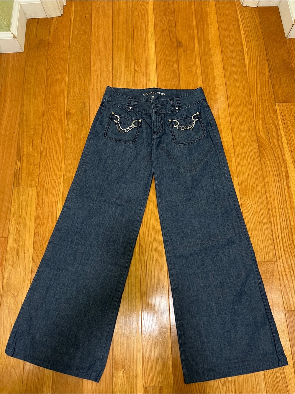 Michael Kors Dark Blue Wide-Leg Chain Accent Jeans
